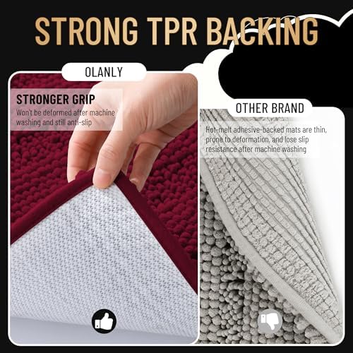 OLANLY Thick Bathroom Runner Rugs 70x24, Soft Chenille Bath Rugs, Burgundy