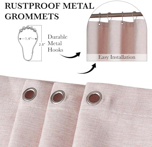 KGORGE Pink Shower Curtain Scalloped, Blush Cute Linen Textured Privacy Boho Heavy Duty Waterproof Washable Shower Curtain Set for Bathroom Home Decor with 12 Metal Hooks, 72 x 72 inches Long