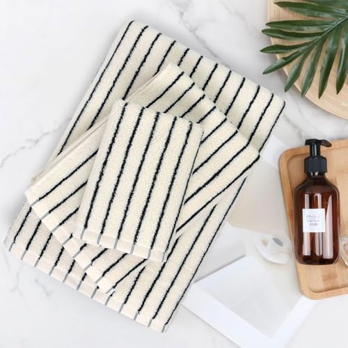 8 Piece Black and Ivory Towel Set, Super Soft & Absorbent Cotton Striped