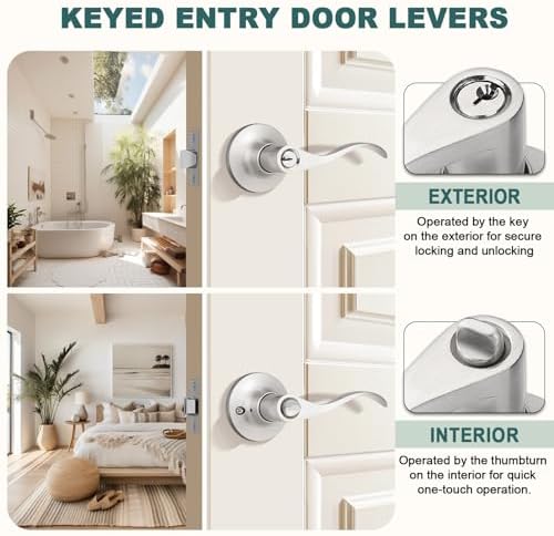GOBEKOR Entry Door Handles with Lock and Same Keys, Brushed Nickel Keyed Aliked Entry Door Lock Sets for Exterior & Interior Doors, Reversible Door Levers for Bedroom Bathroom, 3 Pack