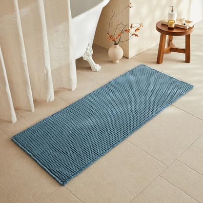 TYUU Waffle Runner Rug Bathroom, Long Boho Bath Mat, 60x24 Denim Blue