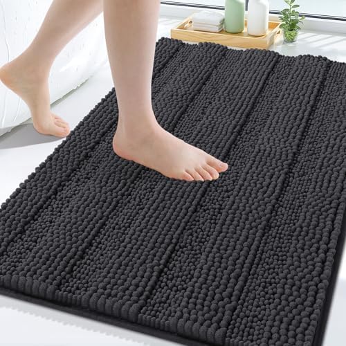 Grandaily Chenille Striped Bathroom Rugs 30x20, Extra Thick and Soft Absorbent Bath Mats, Rubber Backing, Plush Shaggy Shower Carpet, Machine Wash Dry, Bath Rug for Bathroom, Charcoal