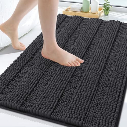 Grandaily Chenille Striped Bathroom Rugs 30x20, Extra Thick and Soft Absorbent Bath Mats, Rubber Backing, Plush Shaggy Shower Carpet, Machine Wash Dry, Bath Rug for Bathroom, Charcoal