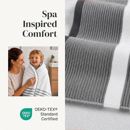 Modern Threads 6 Piece Bath Towel Set – Bathroom Towel Set with 2 Bath Towels, 2 Hand Towels & 2 Washcloths – 100% Cotton, Soft & Absorbent – Classic Border Stripe (Gray)