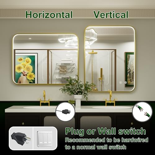 28x36 Inch Gold LED Bathroom Mirror with Lights,3000K/4500K/6000K