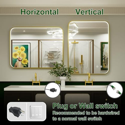 28x36 Inch Gold LED Bathroom Mirror with Lights,3000K/4500K/6000K