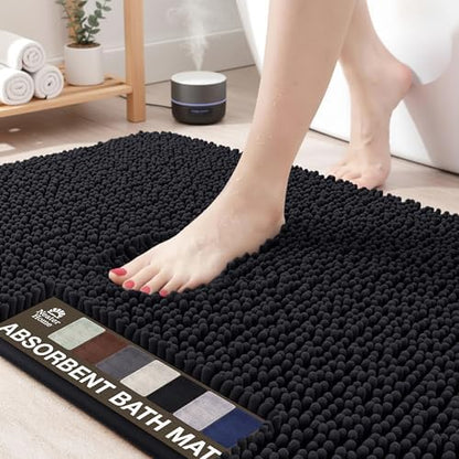 Neater Home Plush Bathroom Rugs 30x20 Thick Chenille Quick Dry Microfiber Absorbent Bath Mat, Soft Bath Rugs, Machine Washable Bathroom Floor Mat for Tub Shower Sink, Home Decor Accessories, Black