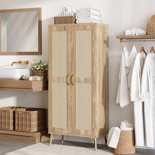 JASIWAY Tall Bathroom Storage Cabinet 57" Rattan Pantry Cabinet, Wood