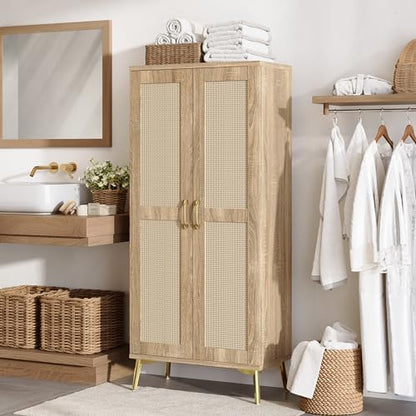 JASIWAY Tall Bathroom Storage Cabinet 57" Rattan Pantry Cabinet, Wood