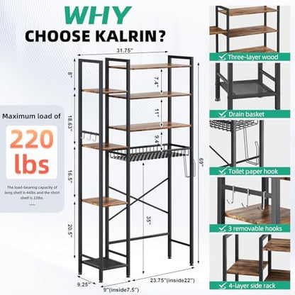 Kalrin 8-Tier Over The Toilet Storage with Side Rack, Over Toilet Storage Rack with Adjustable Shelf & Drain Basket, Freestanding Bathroom Organizer for Balcony, Laundry (Vintage Brown)