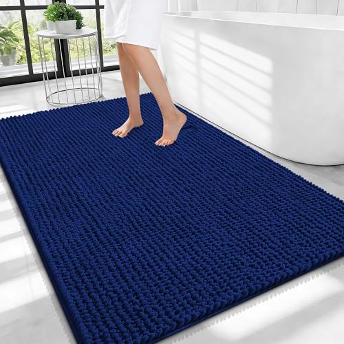 OLANLY Thick Chenille Large Bathroom Rugs 40x32, Absorbent Bath Mat, Navy