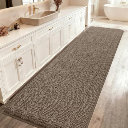 ACCUMTEK Striped Dark Beige Bathroom Rug Mat 59"x20" Ultra Soft, Non Slip Chenille Bath Rugs, Absorbent Plush Shaggy Bath Mats for Bathroom, Bedroom, Kitchen, Shower, Tub,Taupe