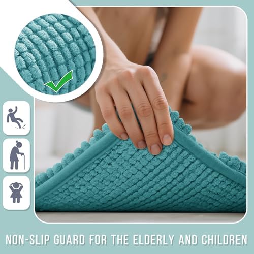 Yimobra Bathroom Rug Mat, Non Slip and Super Absorbent Bath Mat, Machine Washable Quick Dry, Ultra Plush Chenille Shower Rugs for Bathroom Floor Sink Tub and Shower Outside, Teal Blue, 24 x 17