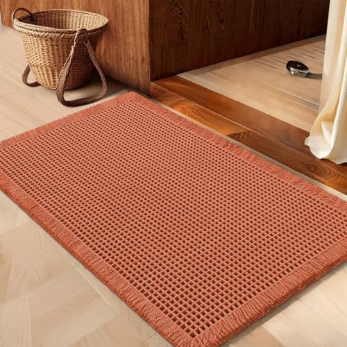 IM HOME Waffle Bath Mat Burnt Orange 24"x17", Boho Woven Modern Bath Mat Rugs, Absorbent Non Slip Bathroom Rugs, Soft Washable Bath Rugs with Tassels for Bedroom, Kitchen, Shower, Tub
