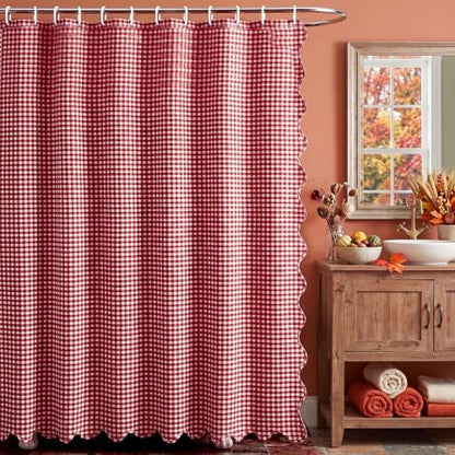 HunnmingRe Scalloped Gingham Shower Curtain Red