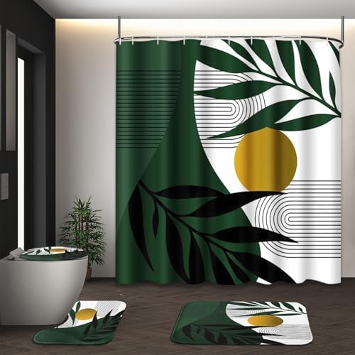 Bathroom Sets with Shower Curtain and Rugs, 4 Pcs, Boho Leaves