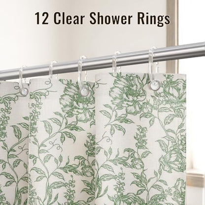 Farmhouse Sage Green Floral Shower Curtain with 12 Clear Rings 72"W x 72"L