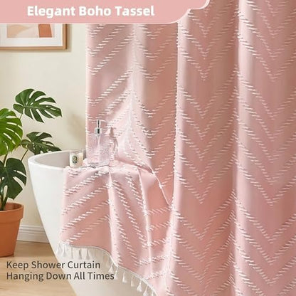 Siiluminisoy Extra Long Pink Boho Shower Curtain with White Tassel, Woven Fabric Cute Shower Curtain, Tufted Chevron Striped, 72 x 78, Modern Chic Textured Minimalist Bathroom Shower Curtain