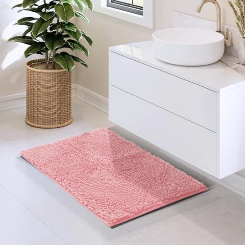 Hearth & Harbor Bathroom Rugs, Chenille Bath Mat - Machine Washable Bath Mats for Bathroom Non-Slip Backing Rubber, Quick Dry Bathroom Mat, 17 x 24 - Pink