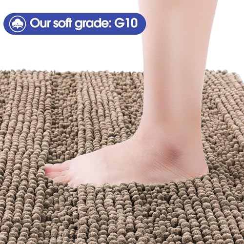 ACCUMTEK Striped Dark Beige Bathroom Rug Mat 59"x20" Ultra Soft, Non Slip Chenille Bath Rugs, Absorbent Plush Shaggy Bath Mats for Bathroom, Bedroom, Kitchen, Shower, Tub,Taupe