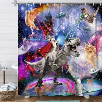 JAWO Funny Cat Shower Curtain, Cool Dinosaur Japanese Ocean Wave Shower Curtain, Cat Riding Dinosaur Fun Nautical Kids Children Rustic Wooden Farmhouse Bathroom Accessories, 72X72inch, Purple