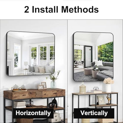 Bathroom Mirror, 36 x 30 inch Metal Framed Black Rectangle Mirror, Rounded Corner Rectangular Vanity Mirror, Wall Mounted Mirror for Modern Bedroom Living Room Hangs Horizontal or Vertical