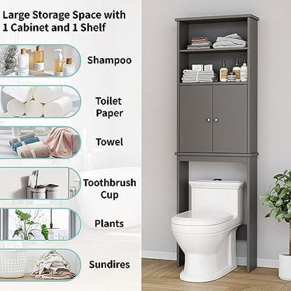 Shintenchi Over The Toilet Storage Cabinet, Bathroom Above The Toilet Rack, Bathroom Adjustable Shelf Organizer with Open Bottom Bar and Anti-Tip Device, Gray