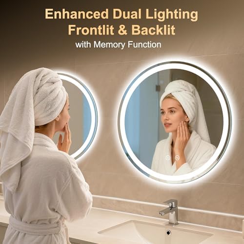 28 Inch Round LED Bathroom Mirror with Lights, Circle Lighted Vanity Mirror