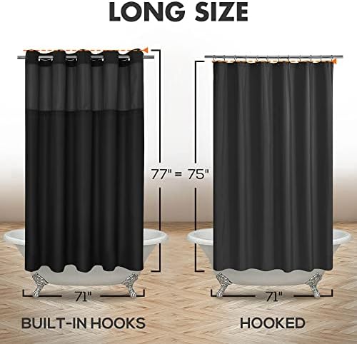 River Dream No Hook Long Shower Curtain with Snap-in Liner, Black, 71x77