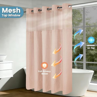 Heavyweight Waffle No Hook Shower Curtain with Liner, Blush Pink, 71x74