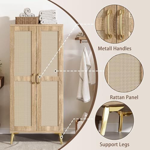 JASIWAY Tall Bathroom Storage Cabinet 57" Rattan Pantry Cabinet, Wood