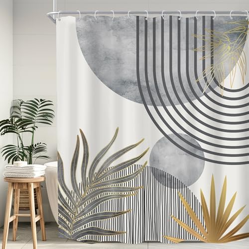Mid Century Boho Abstract Gray Modern Gold Bathroom Shower Curtain Set