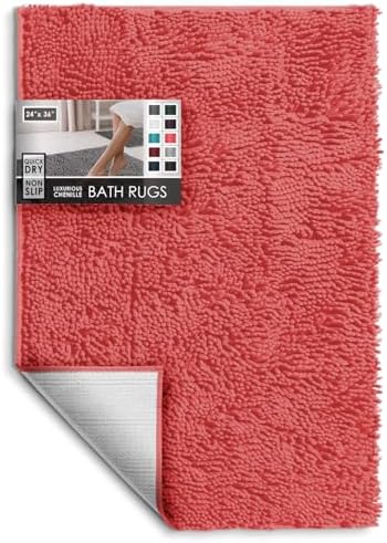 Hearth & Harbor Bathroom Rugs, Chenille Bath Mat - Machine Washable Bath Mats for Bathroom Non-Slip Backing Rubber, Quick Dry Bathroom Mat - Rose 24x36