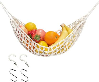Fruit Hammock for Kitchen Under Cabinet Fruit Basket Hanging Handwoven Cotton Macrame Basket Boho Decor Storage Save Counter Space for Home Camper RV (Off-white)