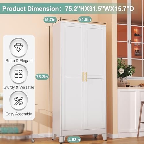 Metal Pantry Cabinet with 2 Doors and 5 Adjustable Shelves, 75"Kitchen Storage cabinets with Gold Handles, Versatile Storage for Laundry Room, Living Room, Bathroom, Dinning Room, Utility Room-White