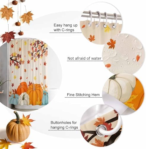 Shower Curtain Bathroom Set Fall Thanksgiving Pumpkin Maple Leaf Waterproof Shower Curtains with Grommets Hooks Orange Gradient Privacy Bath Curtain for Bathtub Decor 72x78in
