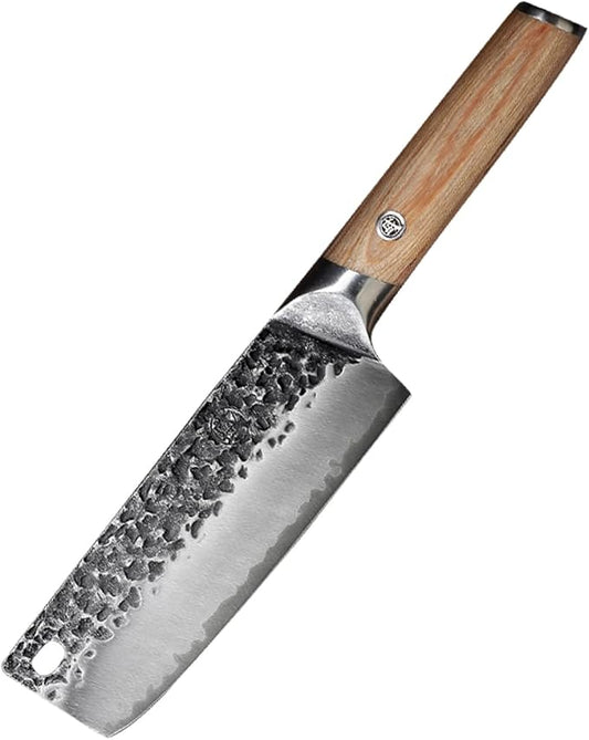 MITSUMOTO SAKARI 7-Inch Japanese Nakiri Knife, SKD-11 Steel | Wide 2mm Nakiri blade for vegetable push cuts, 3-layer SKD-11 steel, textured finish, pakkawood handle