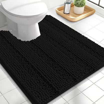 OLANLY Thick Toilet Rugs U-Shaped 24x20, Soft Chenille Bath Mat, Black