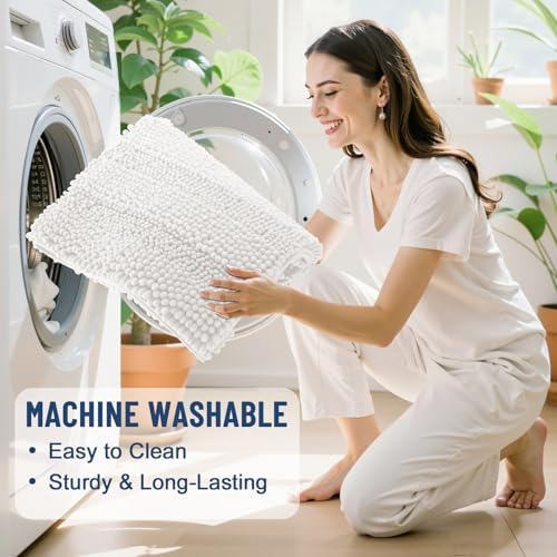Grandaily Chenille Striped Bathroom Rugs 30x20, Extra Thick and Absorbent Bath Mats, Non-Slip Soft Plush Shaggy Shower Carpet, Machine Wash Dry, Bath Rug for Bathroom, (Medium, Cream)