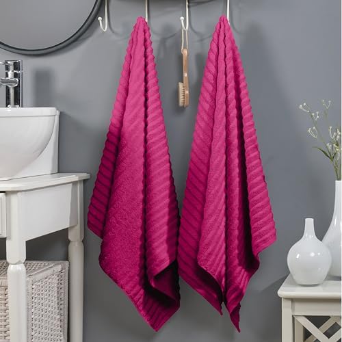Elegant Comfort 100% Turkish Cotton Corduroy Ribbed Luxury Soft 2 Pack Bath Towels 27 x 54 Inch - Ultra Plush, Absorbent, Quick Dry, Hotel Spa Quality Towels for Bathroom Essentials, Hot Pink