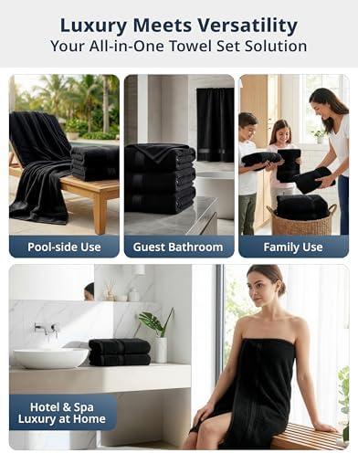 LANE LINEN Bath Towel Set 100% Cotton 4 Piece Soft Absorbent - Black