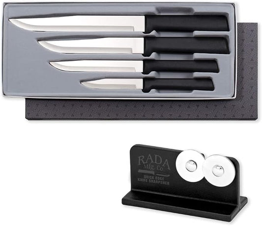 Rada Cutlery Wedding Register Gift Set (G204), 4-Piece Knife Set with Quick Edge Sharpener (R119), Black Handle