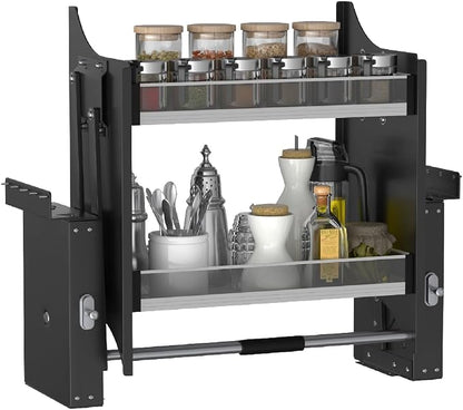 2-Tier Pull-Down Shelf, Cabinet Organizer Drop Down Sliding Shelf Space Saving Kitchen Organizer Spice Rack, 30-32 Inch Width, Black