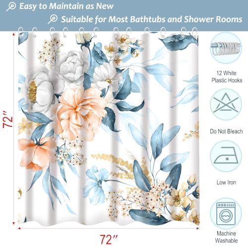 Floral Flower Fabric Shower Curtain with 12 Hooks, 120GSM, 72x72