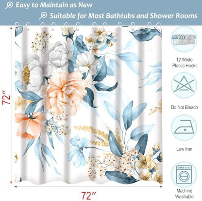 Floral Flower Fabric Shower Curtain with 12 Hooks, 120GSM, 72x72