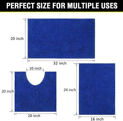 Bathroom Rugs Chenille 3-Piece Extra Soft and Absorbent Shag Bathroom Rugs, Machine Wash Mat, Strong PVC Non-Slip Underside, Plush Carpet Mats (Royal Blue)