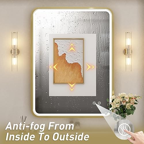 28x36 Inch LED Gold Frame Lighted Bathroom Mirror,3-Color