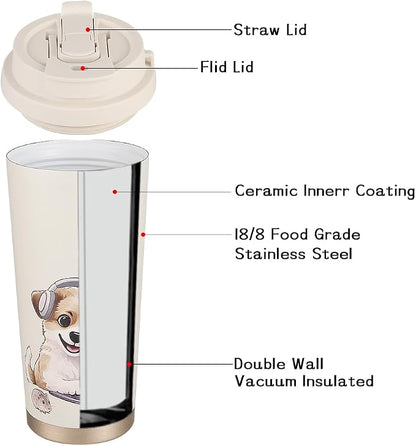 Funkrin Coffee Travel Mug with Flip Lid, 16oz Insulated Tumbler Cup with Ceramic Coating, Double Wall Vacuum Leak-Proof Tumbler for Office School Party Camping