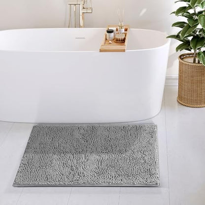 Hearth & Harbor Bathroom Rugs, Chenille Bath Mat - Machine Washable Bath Mats for Bathroom Non-Slip Backing Rubber, Quick Dry Bathroom Mat - Silver Bath Rug, 20x32
