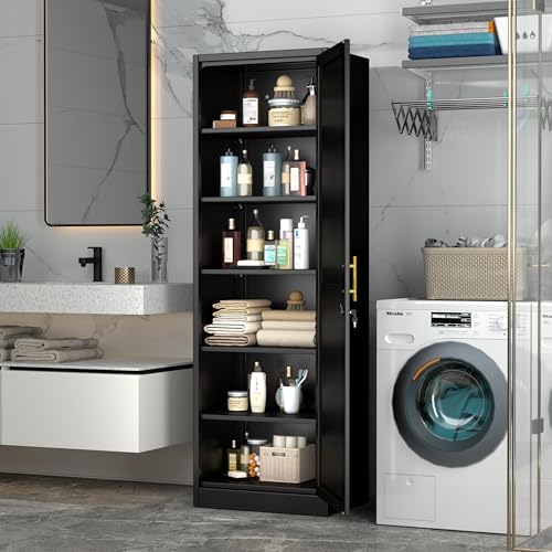 Tall Metal Narrow Bathroom Storage Locker Cabinet 67" H, Black Kitchen Pantry Cabinets,File Cabinet Organizer with 5 Adjustable Shelves and Lockable Doors for Kitchen Home Office Living Dining Room